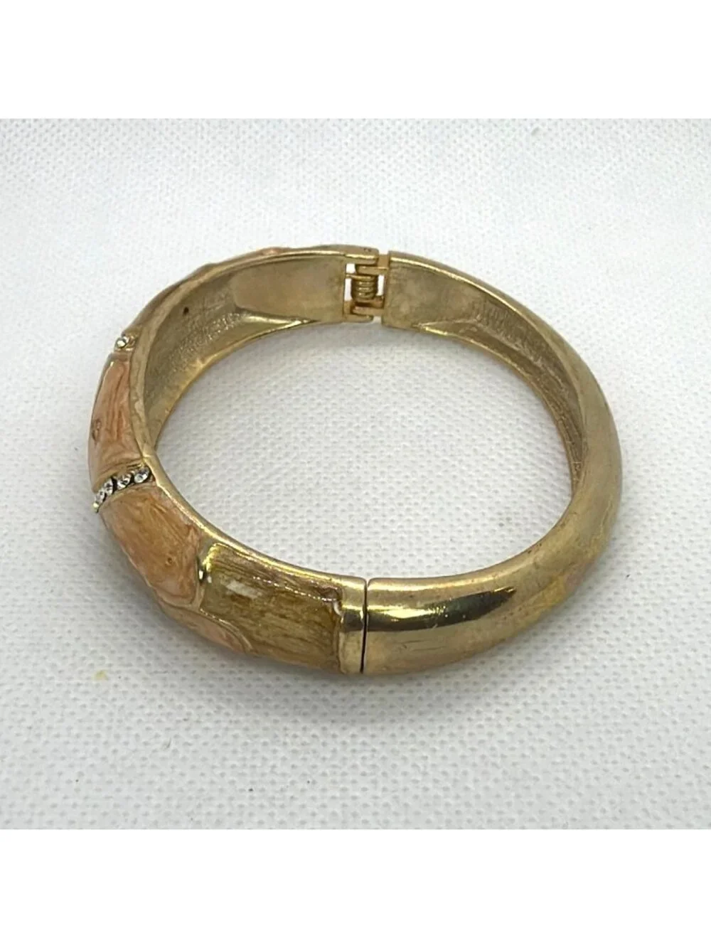 VTG Art Deco Enamel Gold Tone Hinged Bangle Rhinestone Clamper Retro Bracelet - Picture 9 of 16